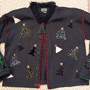 BEREK SZ XL VINTAGE BEADED/KNOTTED RICH BLACK COLOR CHRISTMAS  CARDIGAN EUC